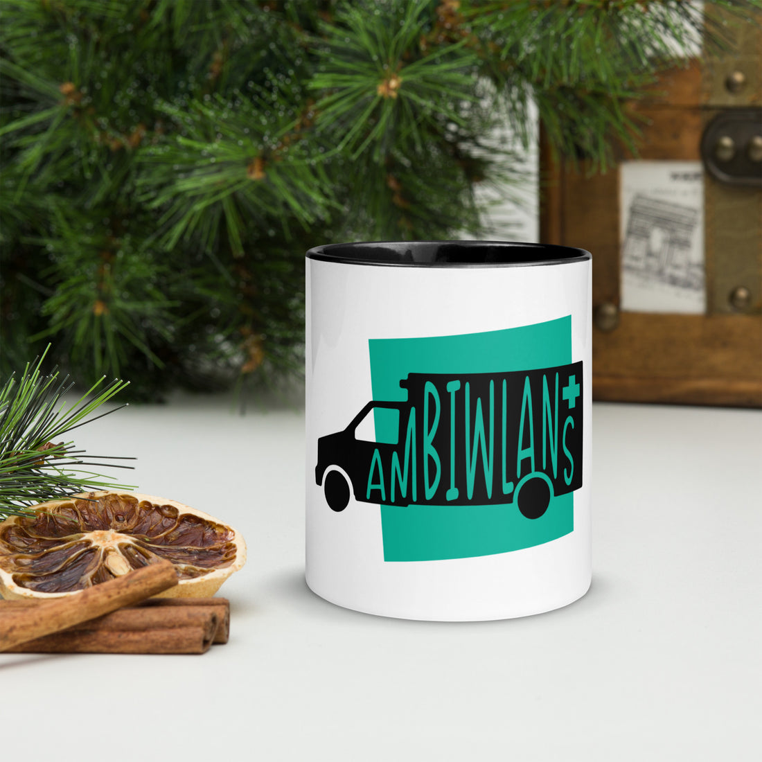 Ambulance Ambiwlans White Mug with Colour Inside
