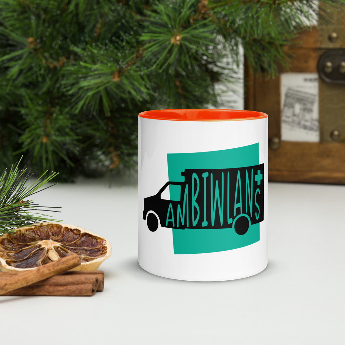 Ambulance Ambiwlans White Mug with Colour Inside